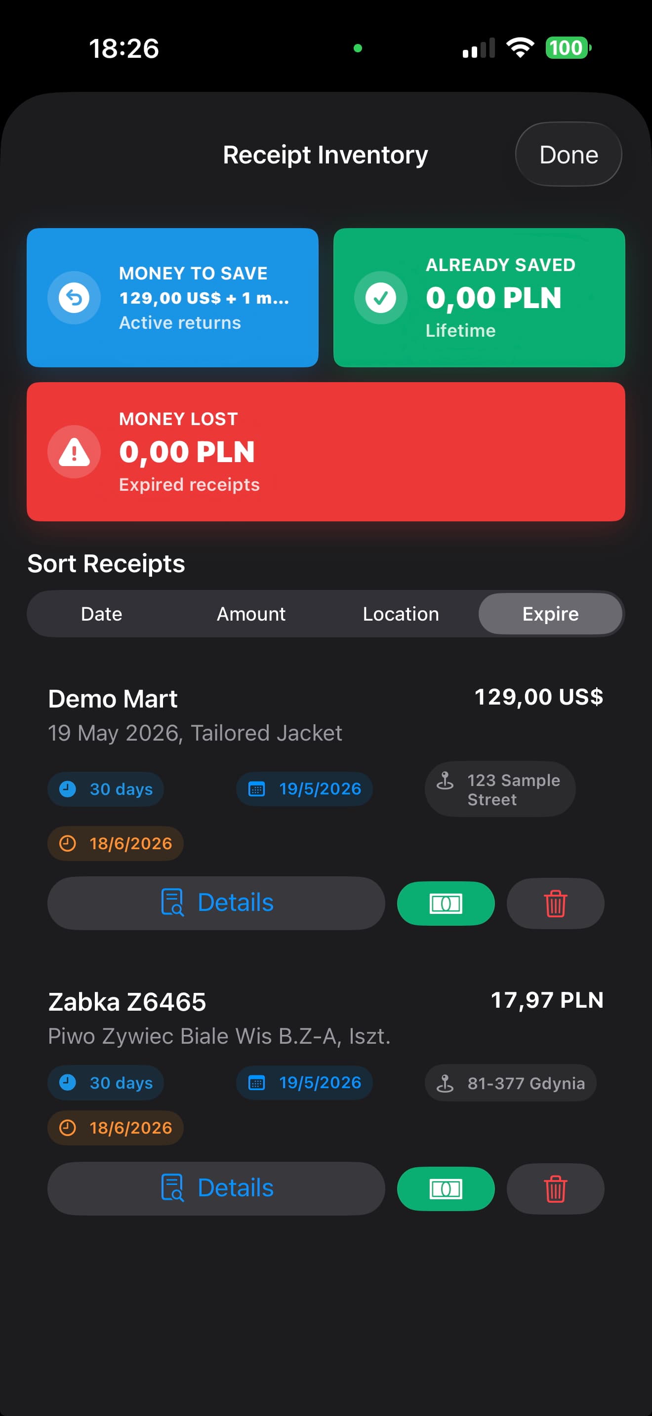 ReturnO’Clock iPhone app preview showing receipt inventory, money-to-save summary, and return deadline sorting.