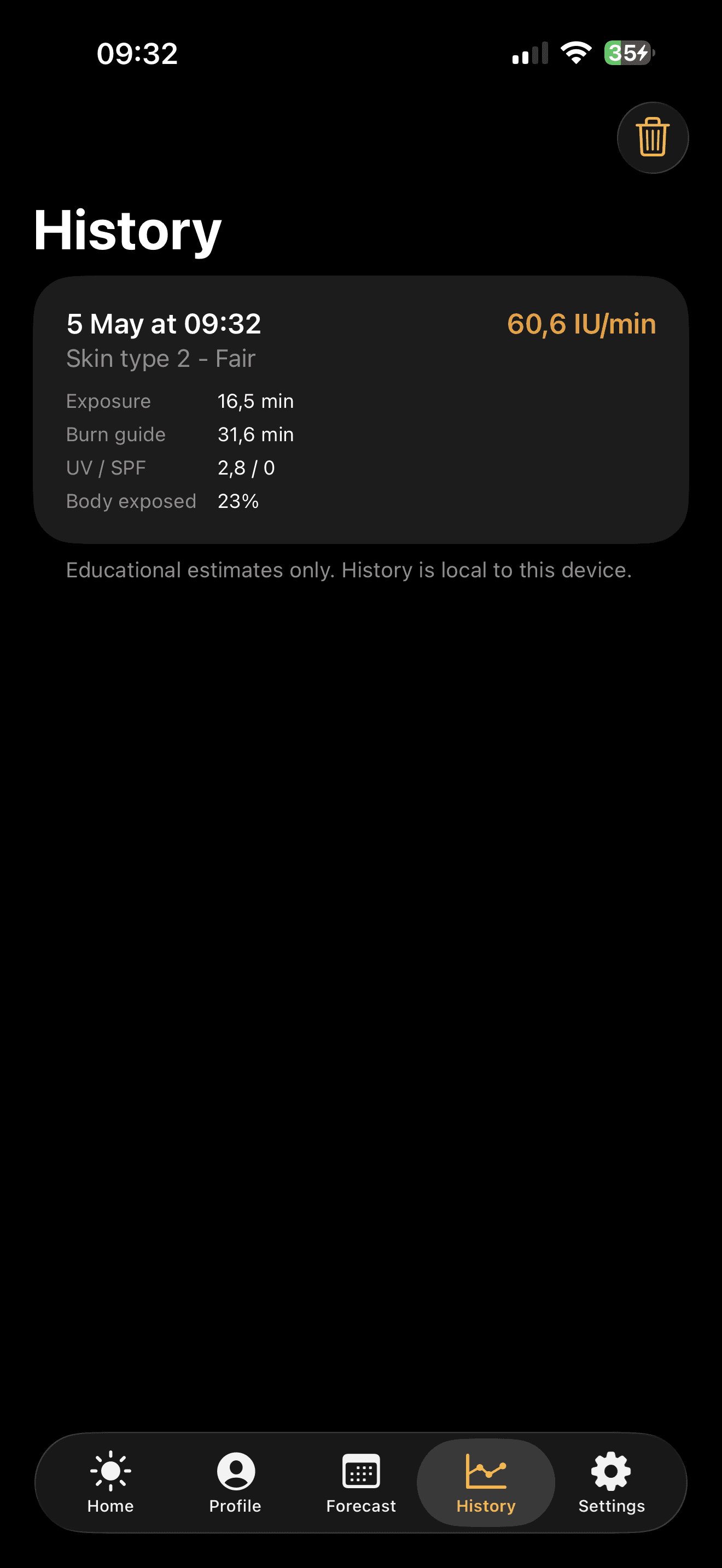 SunVitD iOS forecast screen showing location, seven-day UV guide, and hourly UV index chart.