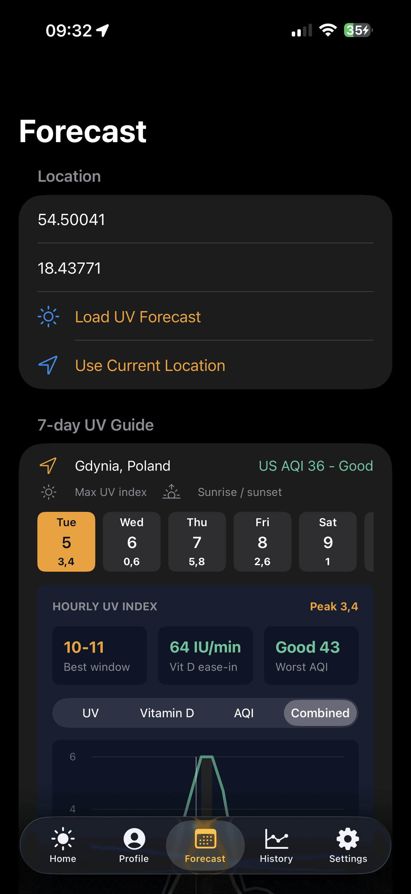 SunVitD iOS history screen showing a saved local educational exposure estimate.