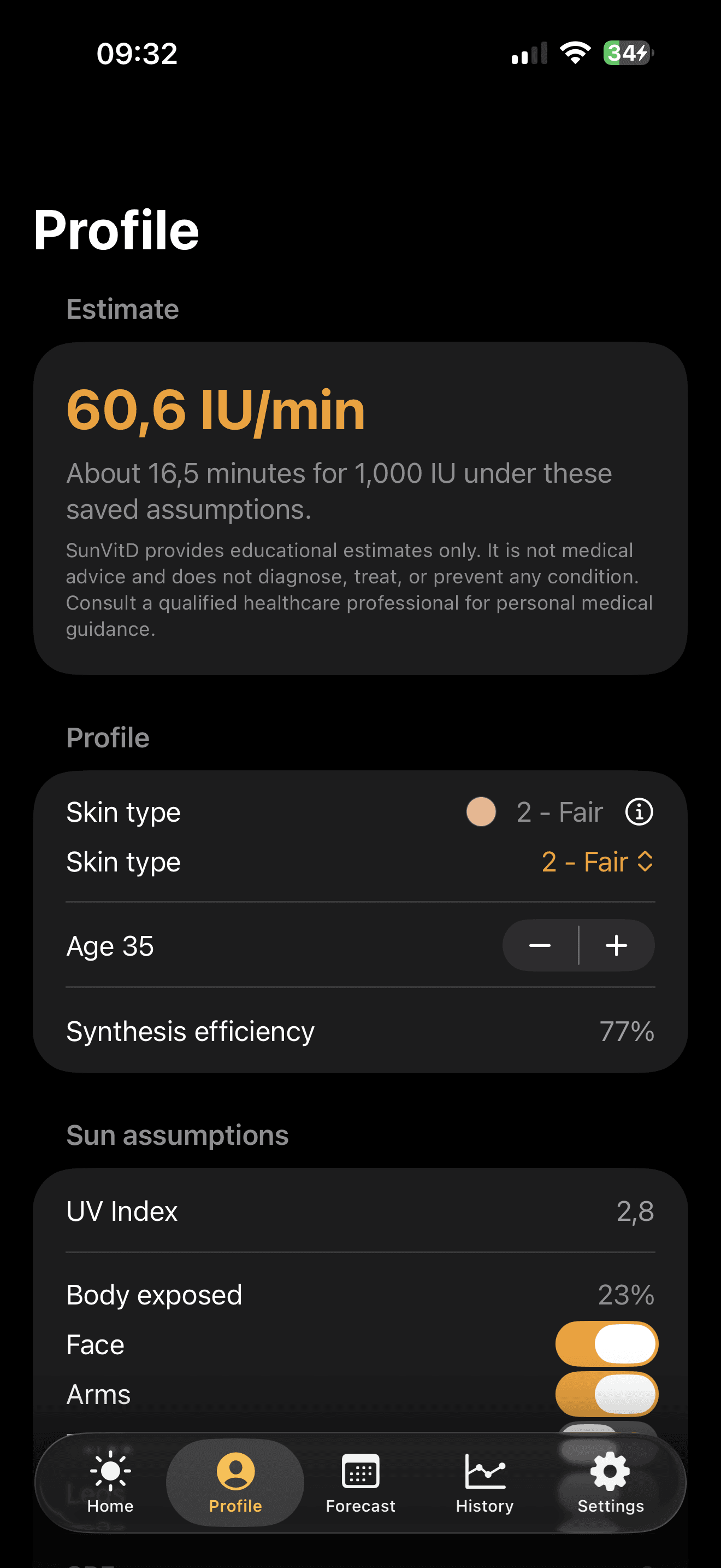SunVitD iOS settings screen showing account, privacy, safety, and subscription controls.