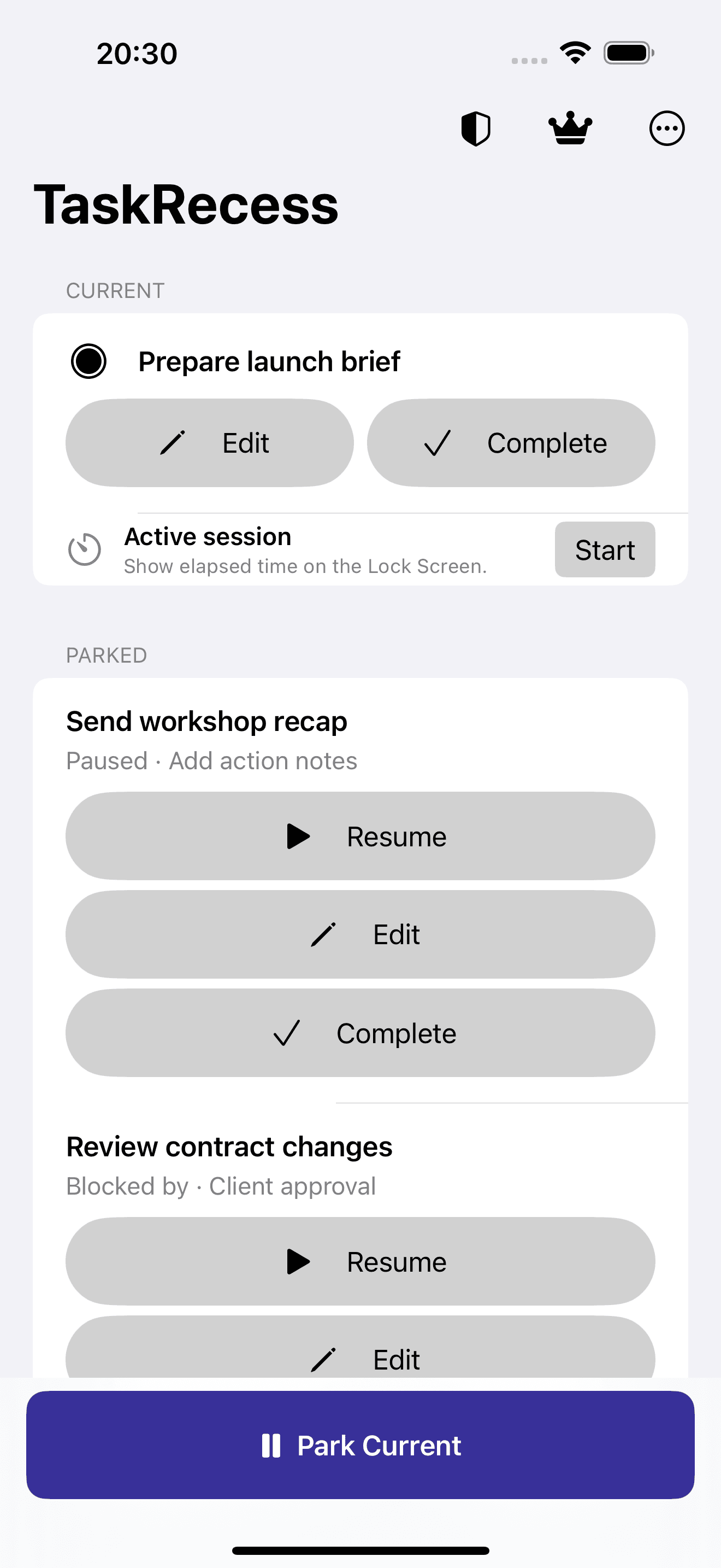 TaskRecess showing the fictional Current task Prepare launch brief and parked example tasks.