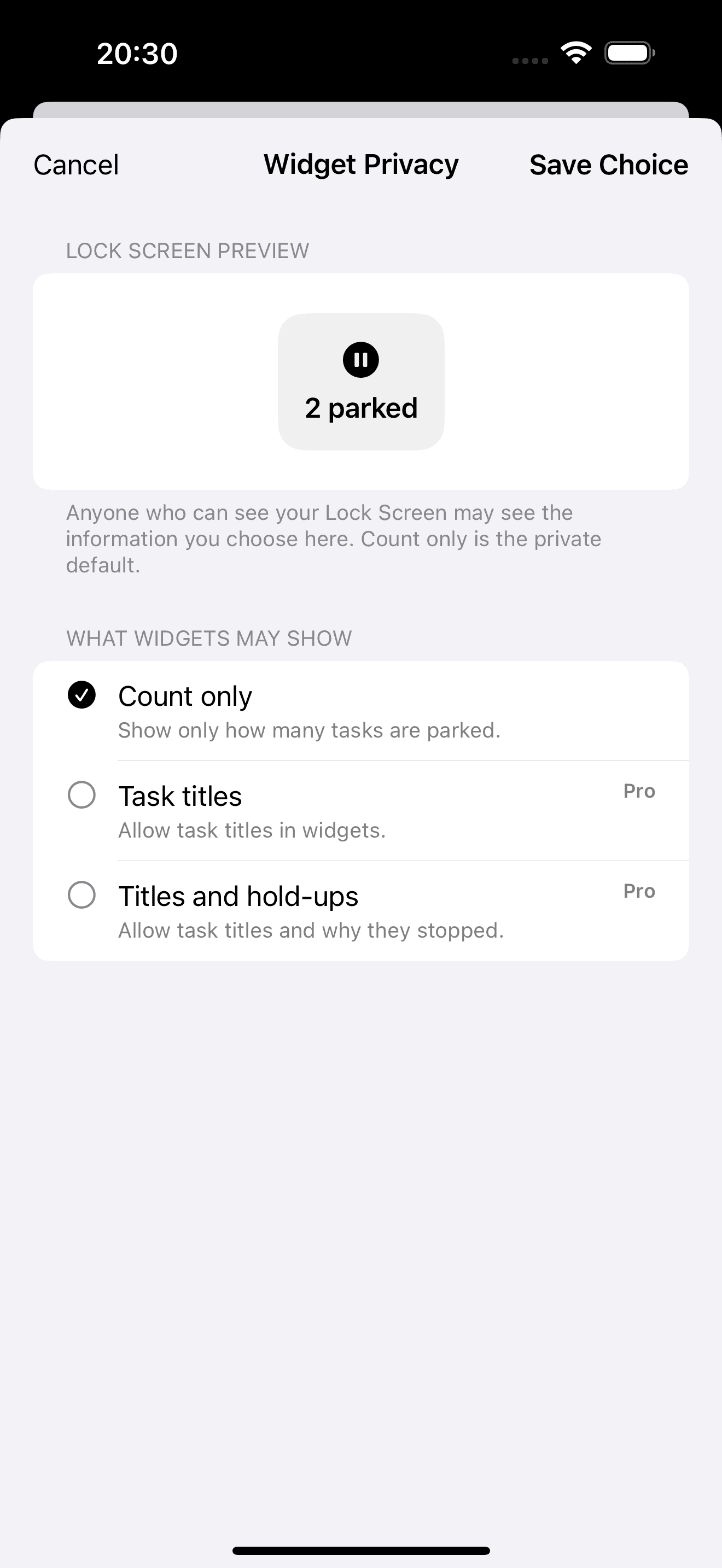 TaskRecess Widget Privacy screen showing the count-only default.