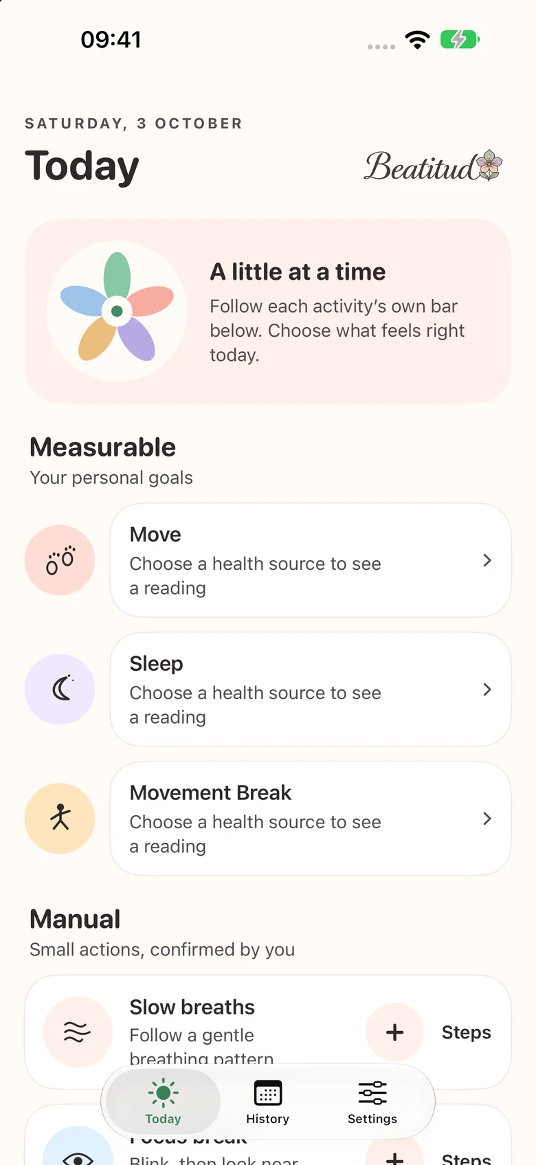 Today separates Measurable goals from Manual actions. Health goals show no selected source.
