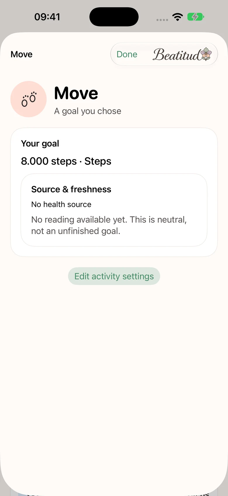 Move detail shows an 8,000-step personal goal and a neutral no-reading state with no health source selected.