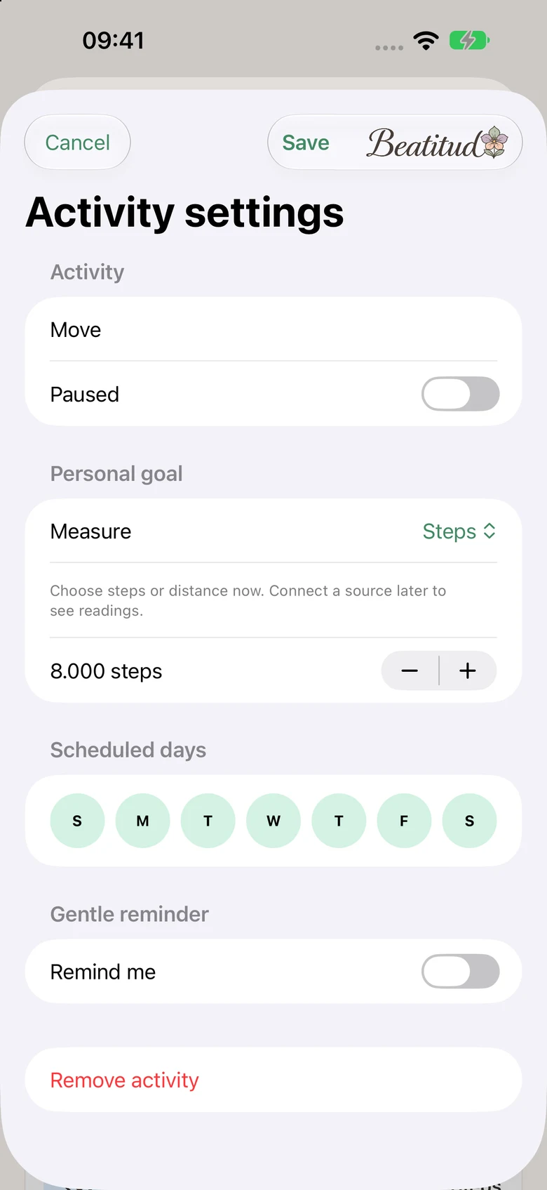 Activity settings show the Move goal, selected weekdays, pause control and optional reminder.