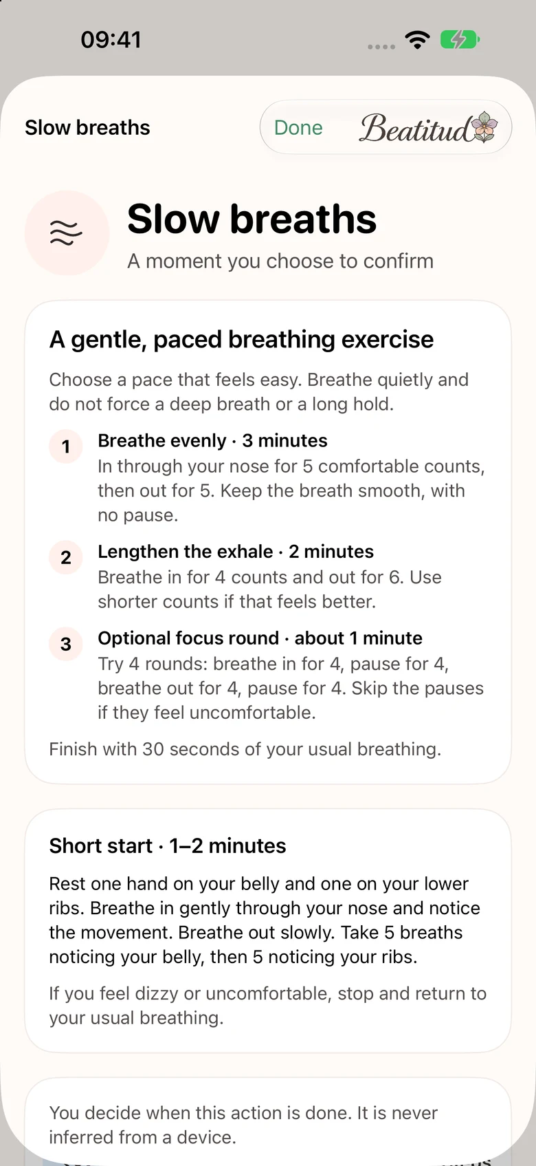 Slow breaths guide provides paced and short-start instructions and advises stopping if uncomfortable.