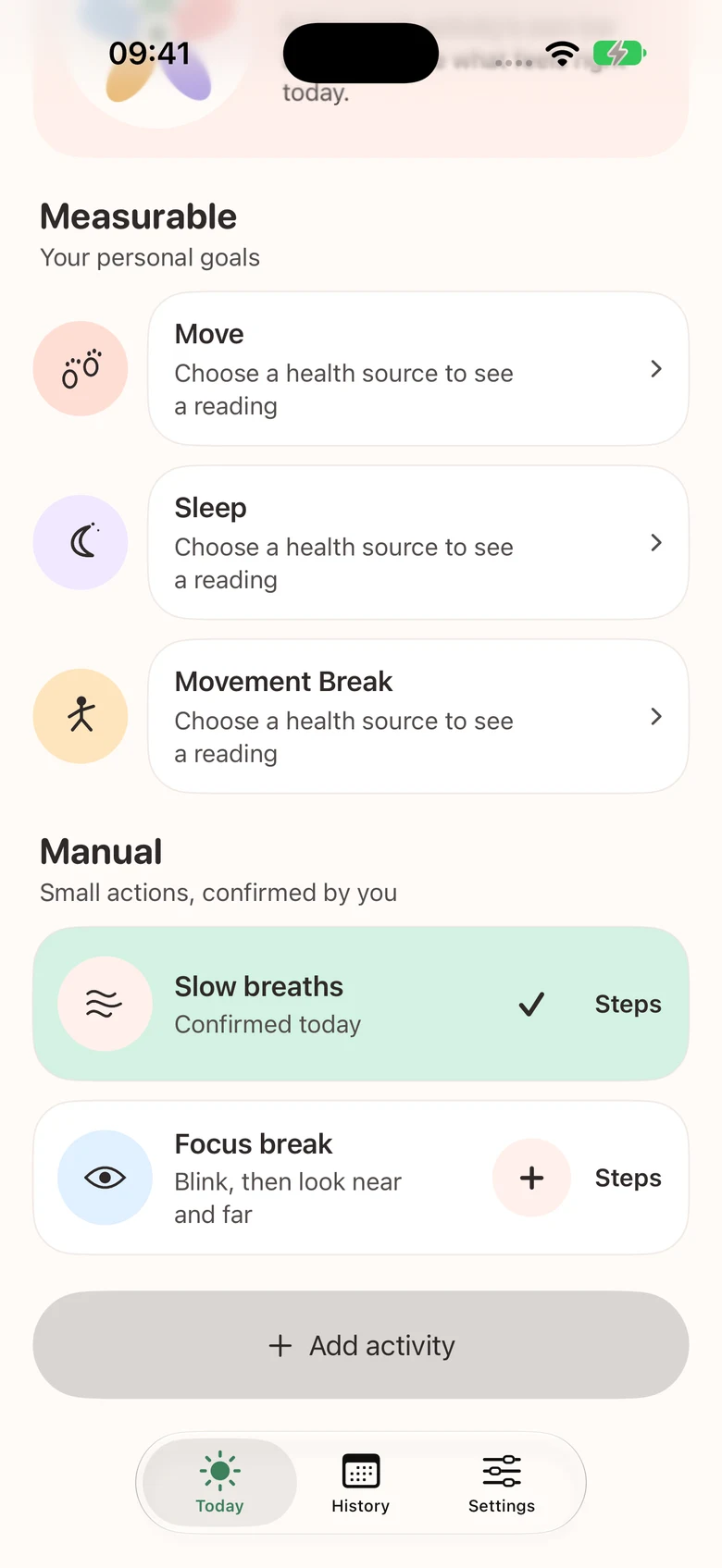 Slow breaths is confirmed today by the user; Health goals still show no selected source.