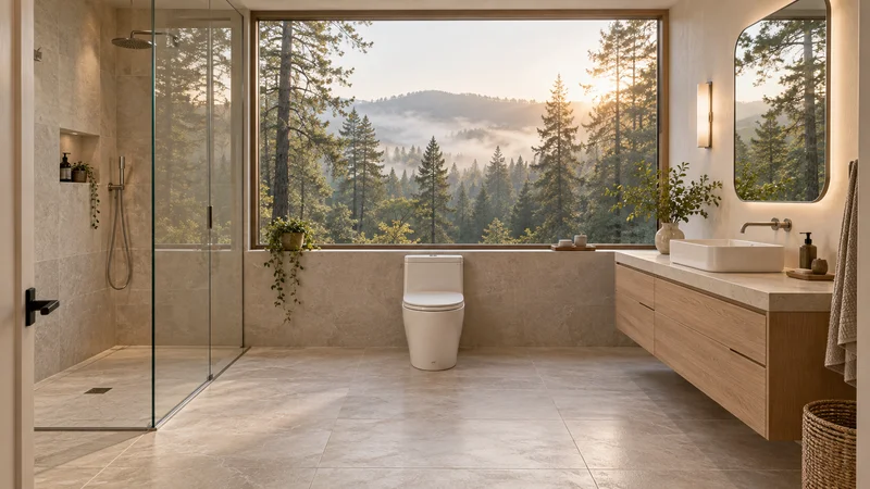 Warm oak bathroom with a walk-in shower, central toilet and a large window overlooking a peaceful forest