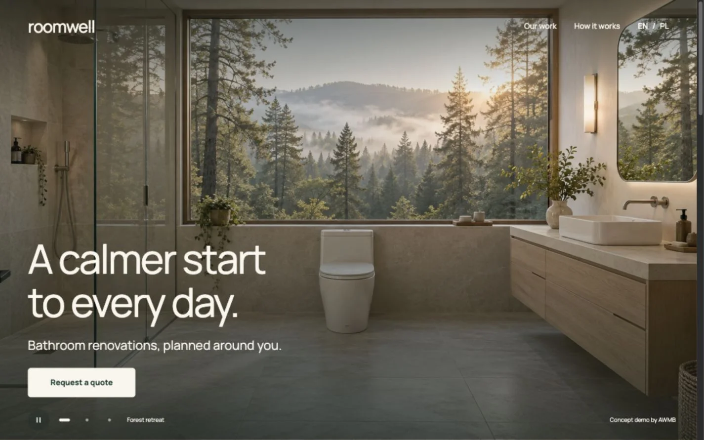 Roomwell service demo with forest bathroom photography and its quote button.