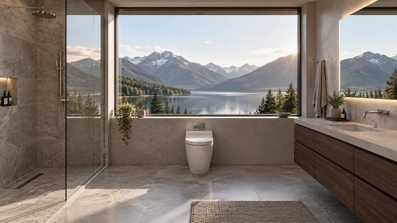 Modern walnut and stone bathroom overlooking mountains and an alpine lake