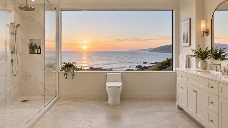 Ivory bathroom with a glass shower and a panoramic sea view at sunrise
