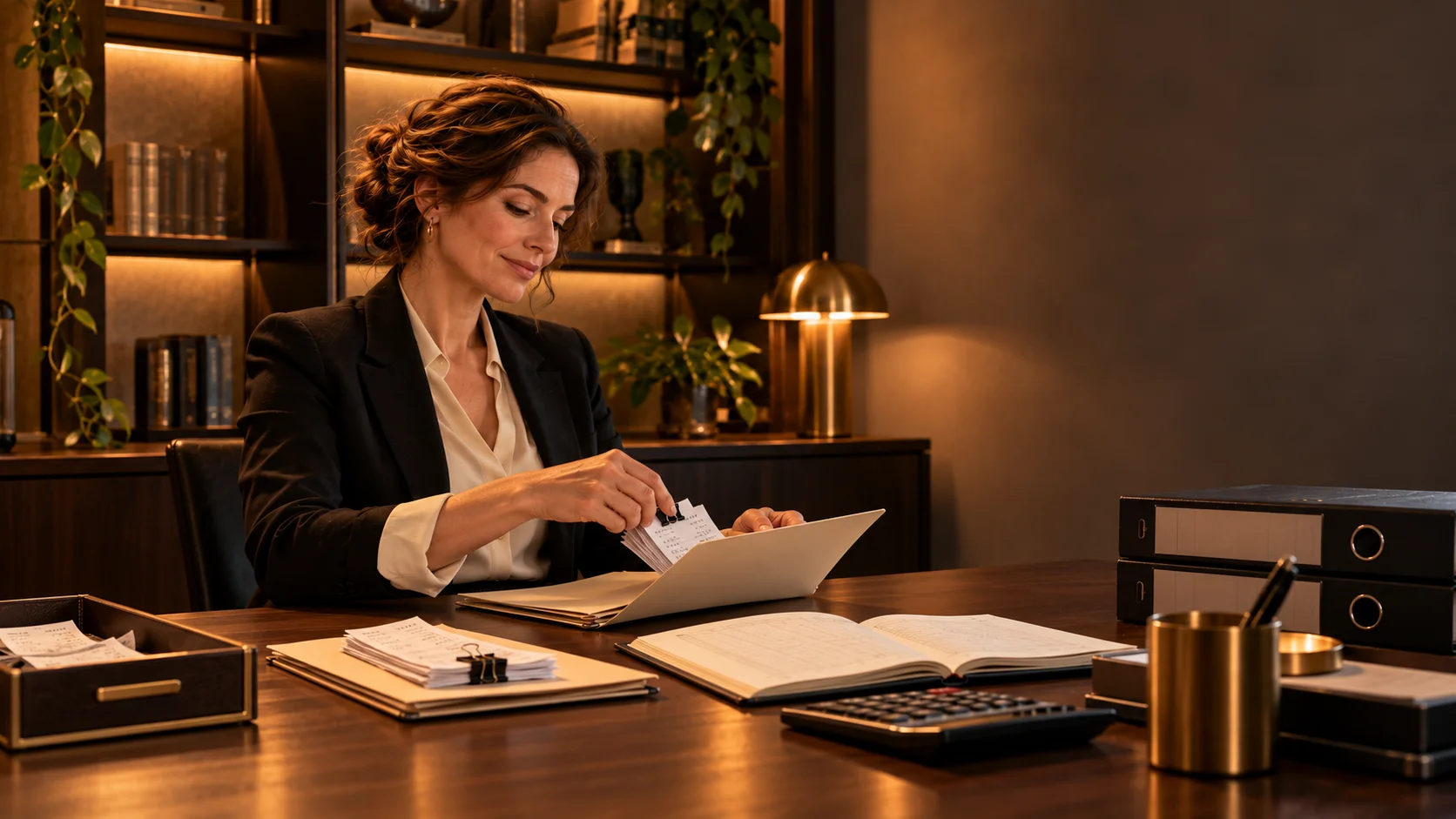 The fictional accountant files neatly clipped receipts into a folder at an orderly desk.
