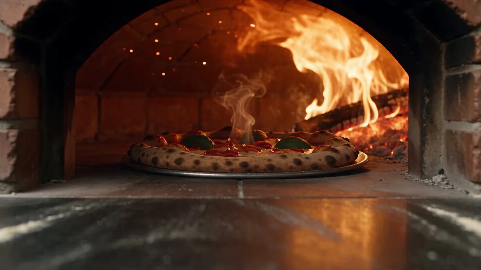 Hot pepperoni pizza beside the flames of a wood-fired oven