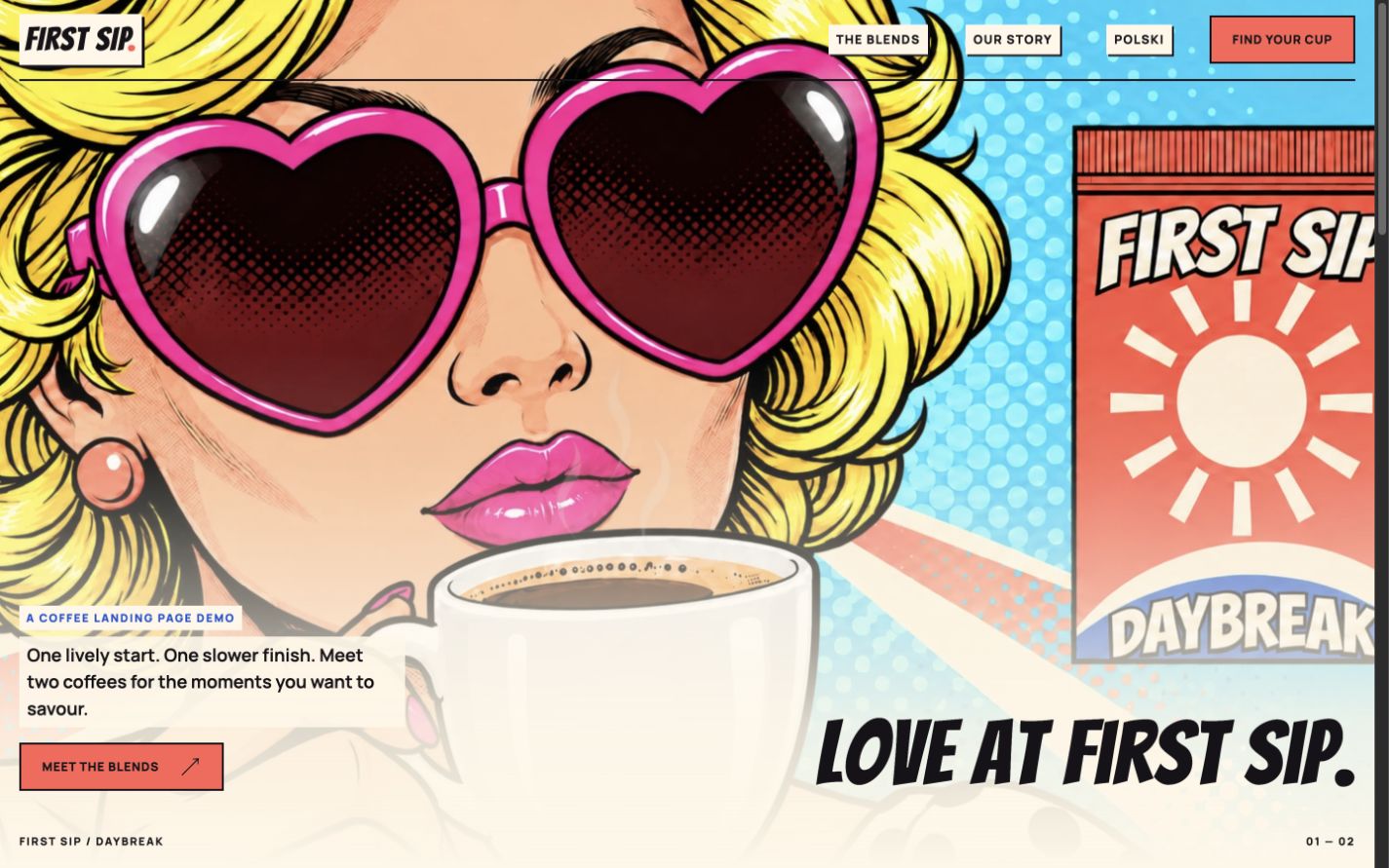 Screenshot of the First Sip page with headline, navigation, call to action and coffee illustration.