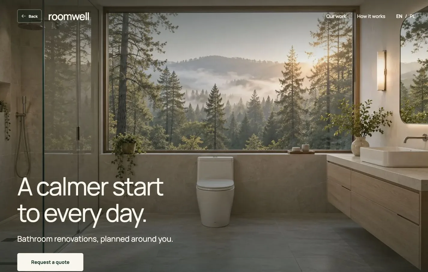 Roomwell service demo with forest bathroom photography and its quote button.