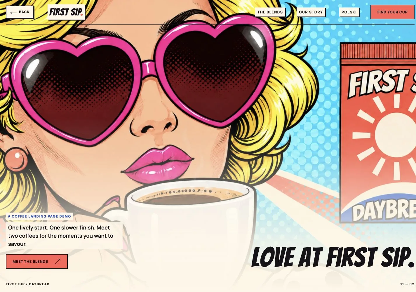 Screenshot of the First Sip page with headline, navigation, call to action and coffee illustration.