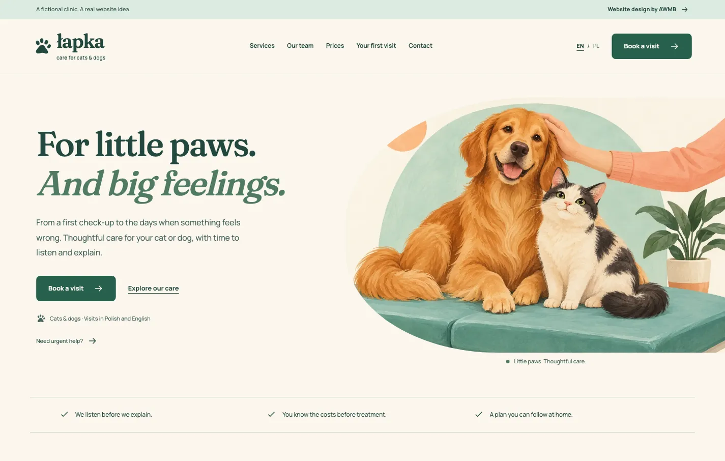 Łapka website preview with a cat and dog illustration and appointment booking link.