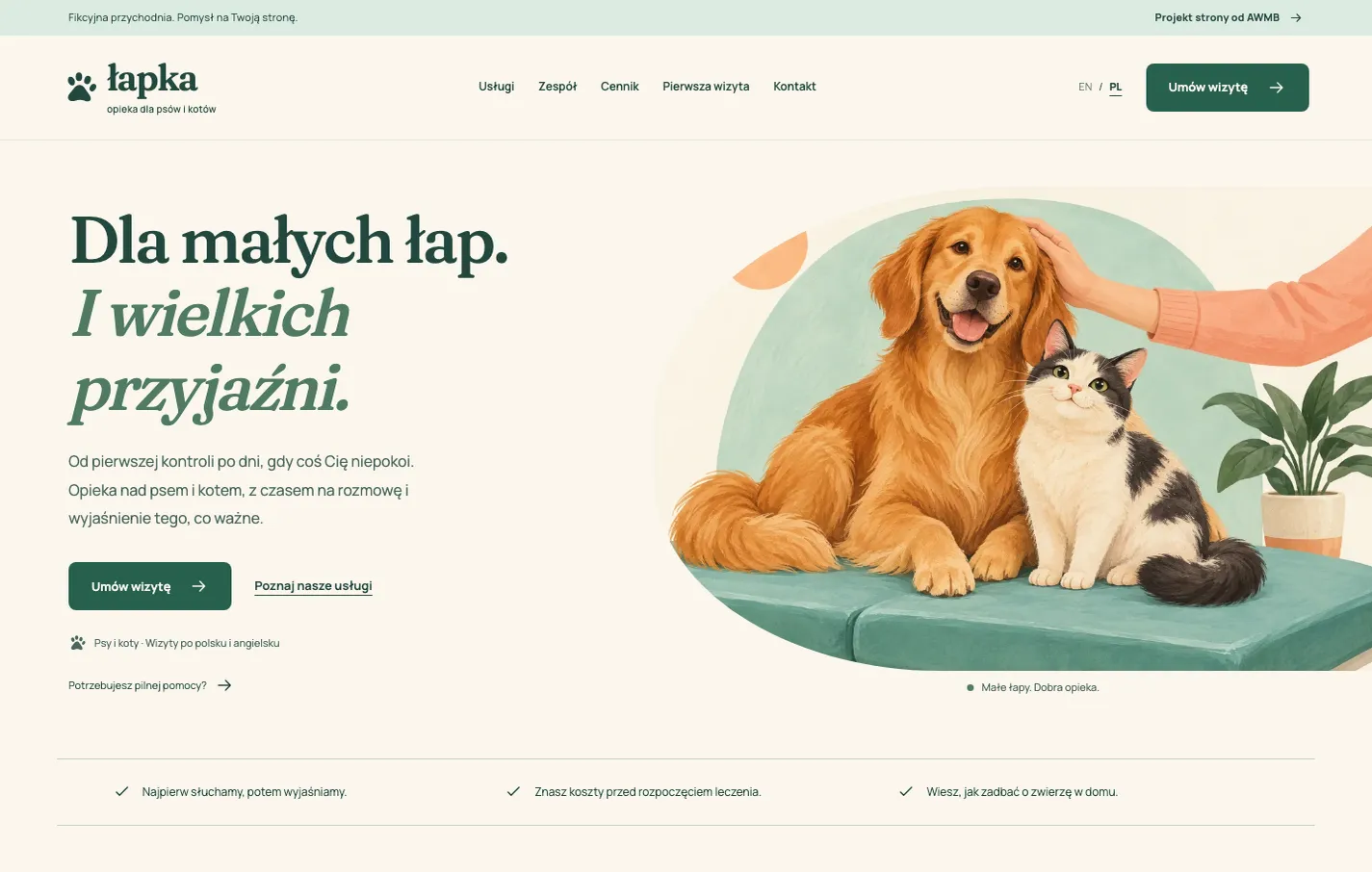 Podgląd strony Łapka z ilustracją psa i kota oraz przyciskiem rezerwacji wizyty.