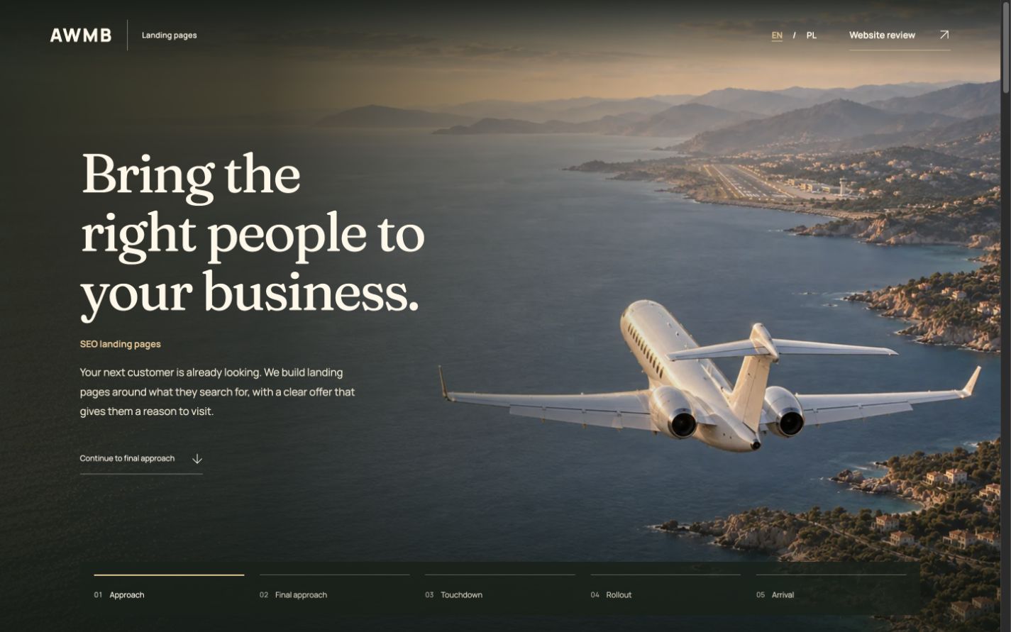 Screenshot of the AWMB landing page service: headline, offer and call to action over the airplane image.