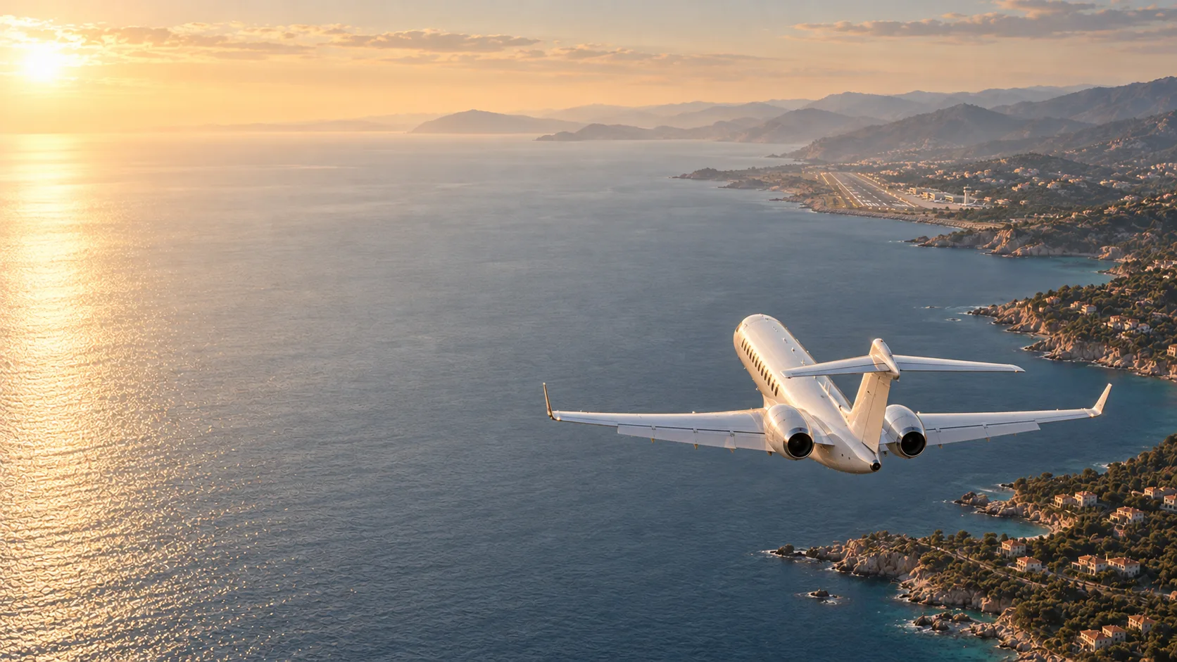 A white private jet seen from above and behind, approaching a distant coastal airport high above the sea