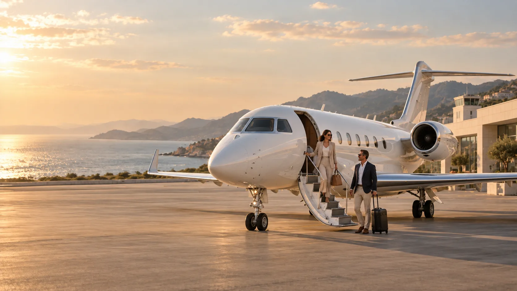 Two relaxed travellers arriving beside the parked private jet and its open stairway at the coastal terminal