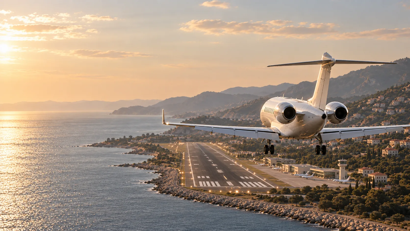 The same private jet viewed from behind on final approach to the coastal runway, with landing gear down
