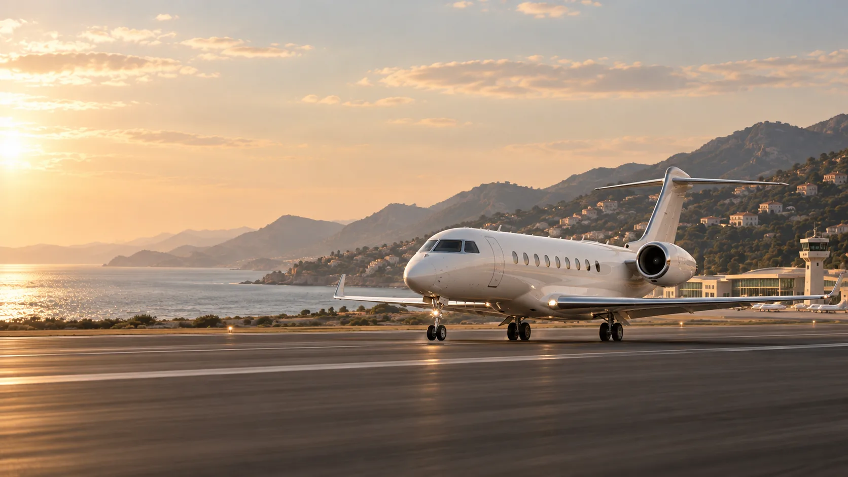 The jet rolling smoothly along the coastal runway on all landing wheels, beside the airport terminal