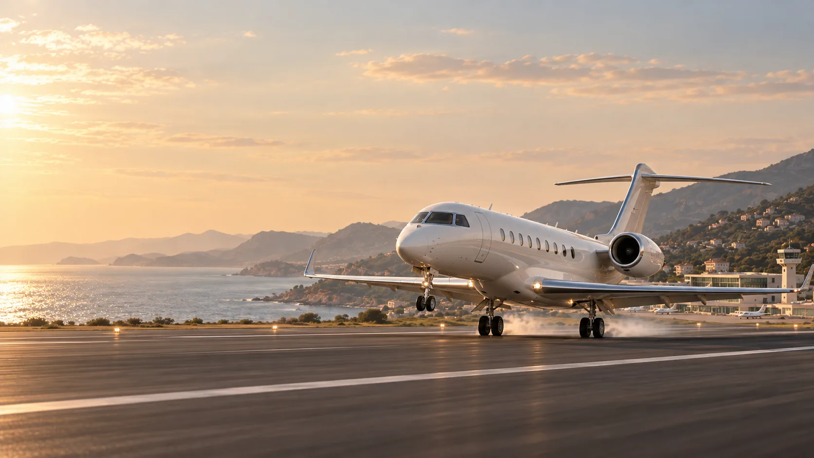 The white jet touching down on the runway in golden light, with its main wheels on the tarmac and nose gently raised