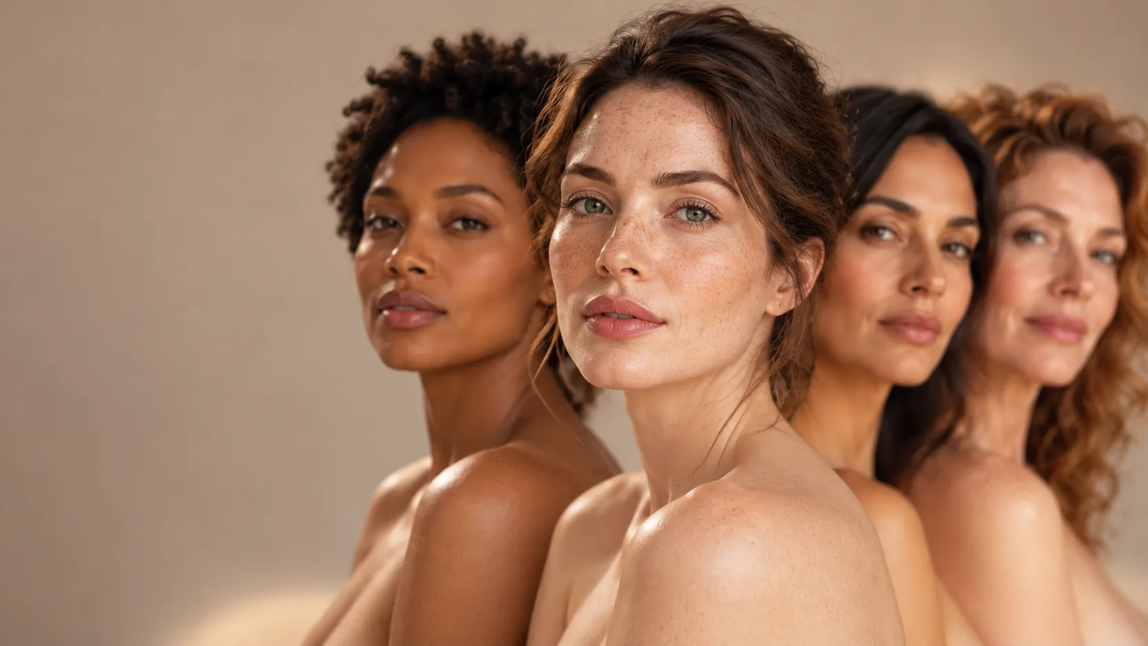 The same four women in an editorial skincare portrait, with a different woman in focus in this chapter.
