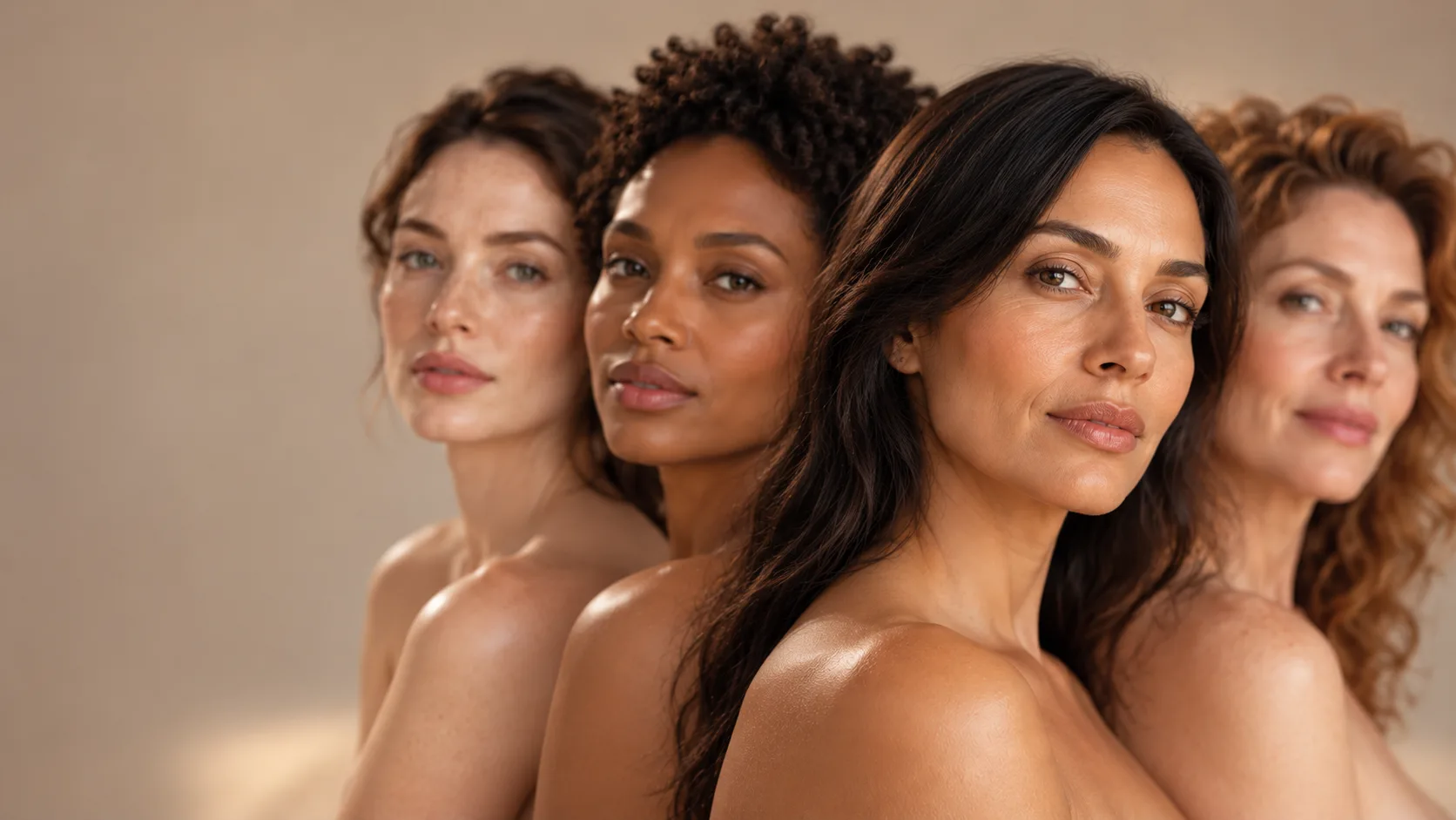 The same four women in an editorial skincare portrait, with a different woman in focus in this chapter.
