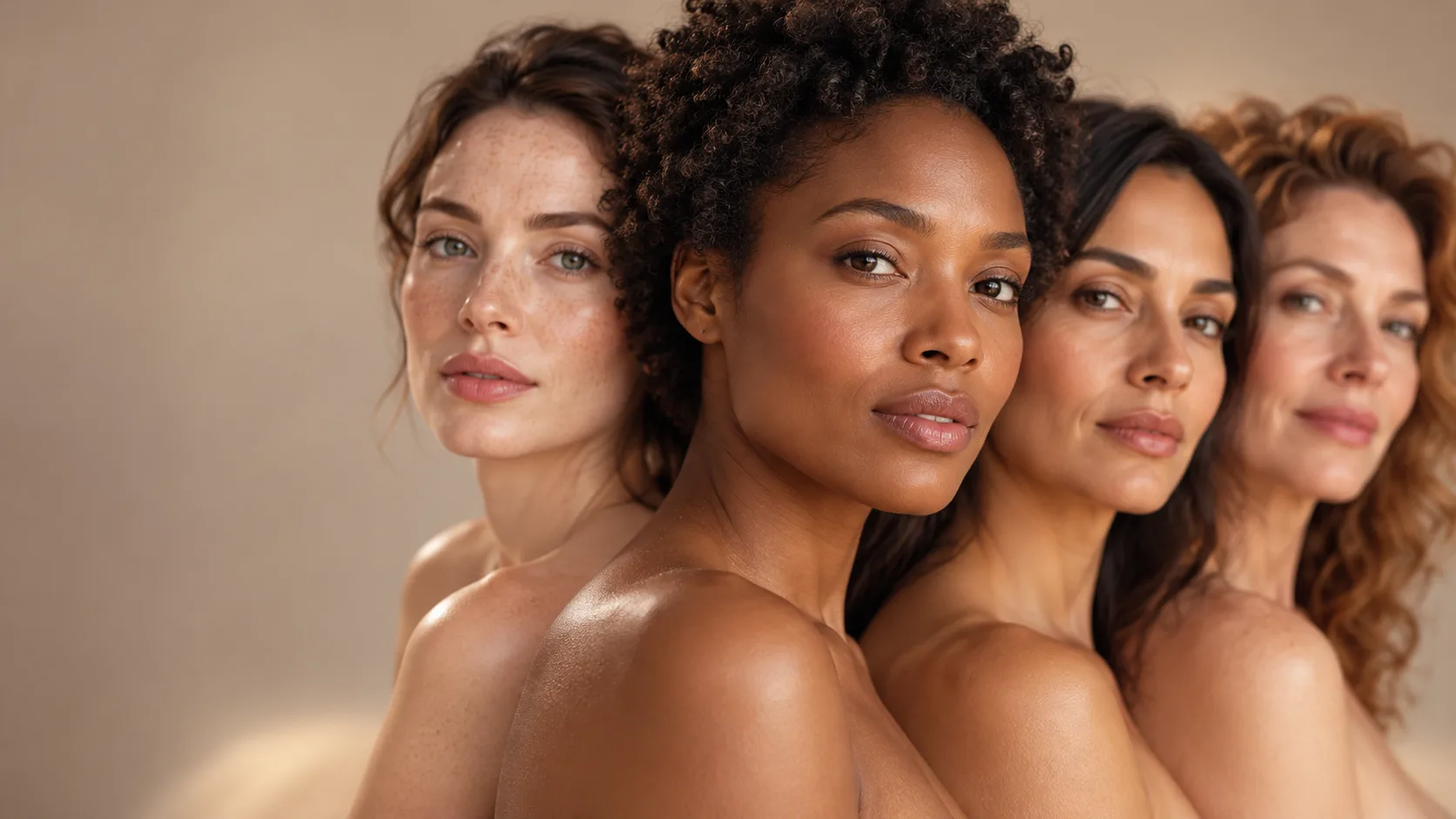 The same four women in an editorial skincare portrait, with a different woman in focus in this chapter.