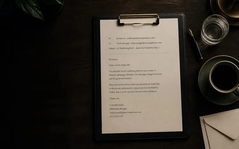 Podgląd strony YoMaily z profesjonalną wiadomością e-mail na podkładce, obok pióra i filiżanki kawy.