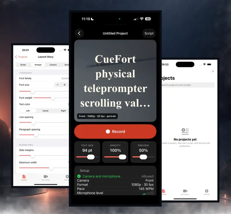 Teleprompter CueFort na iPhone’a z ustawieniami scenariusza, ekranem przygotowania nagrania i chronionymi projektami wideo.