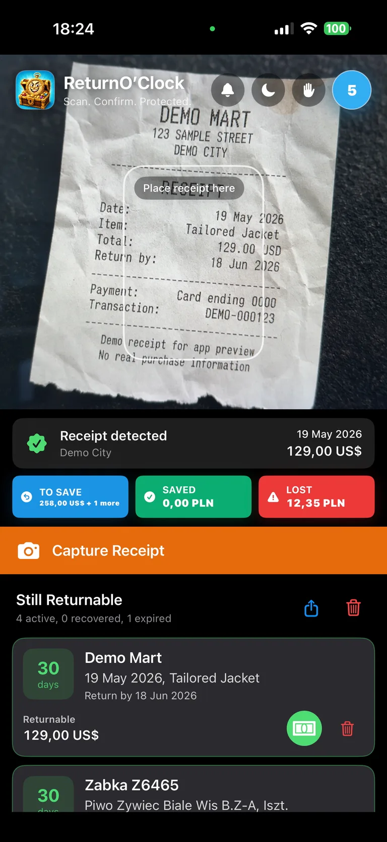 Ekran aplikacji ReturnO'Clock na iPhone’a z przechwytywaniem paragonu, wykrytymi danymi i aktywnymi kartami zwrotów.