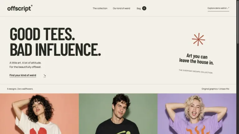 OFFSCRIPT online T-shirt store demo with bold typography and graphic apparel.