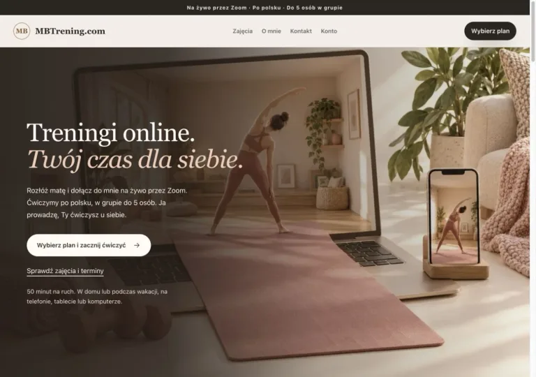 MBTrening.com homepage presenting live online fitness classes in Polish.