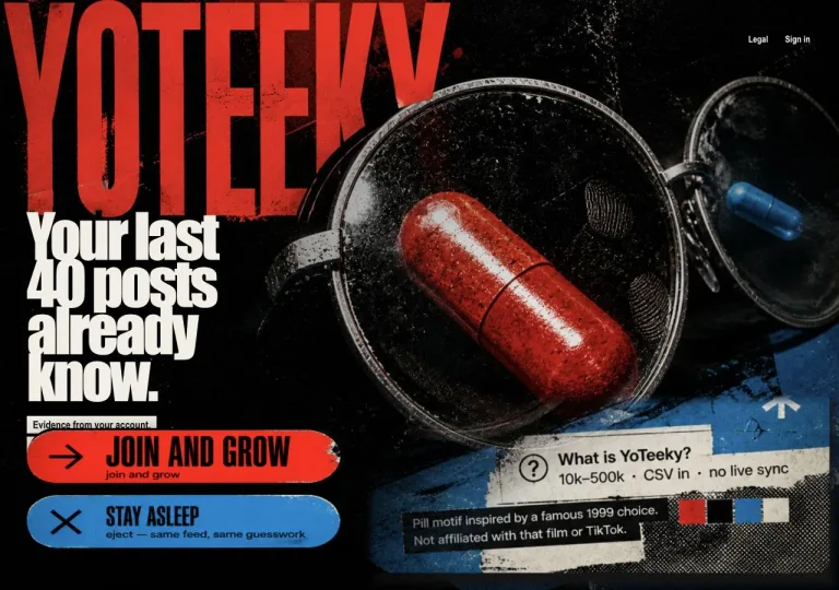 Current YoTeeky homepage presenting TikTok analytics and the join-and-grow action.