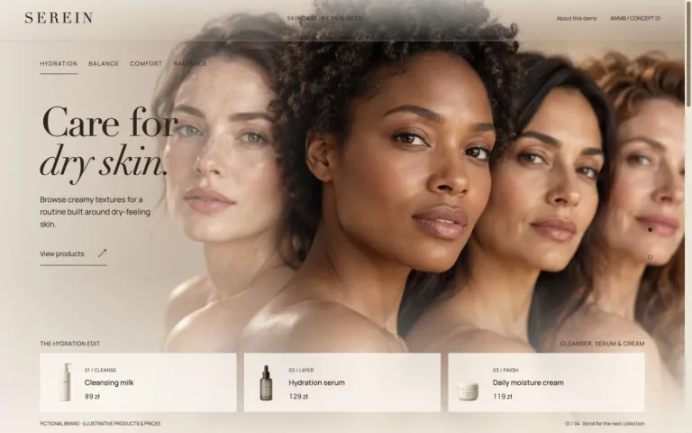 Serein skincare shop with an editorial portrait, dry-skin collection and product cards.