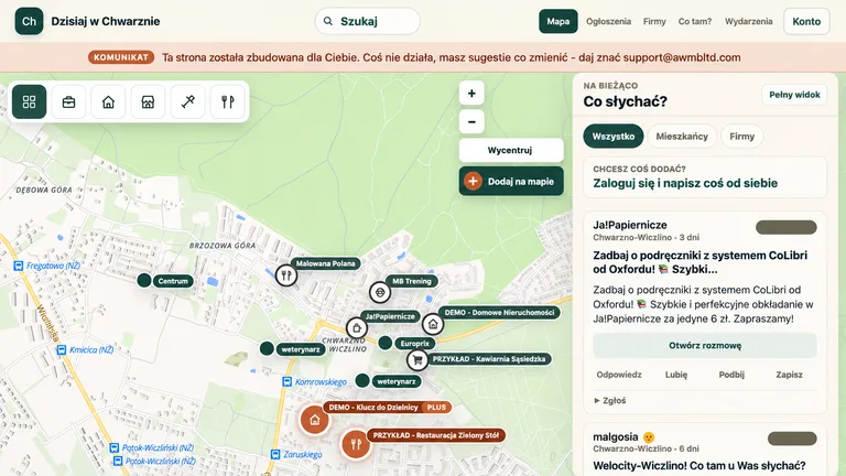Podgląd strony Dzisiaj w Chwarznie z interaktywną mapą Chwarzna-Wiczlina i lokalnym kanałem społecznościowym.