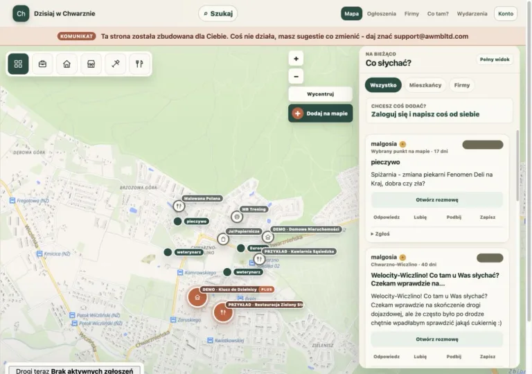 Dzisiaj w Chwarznie website preview with an interactive map of Chwarzno-Wiczlino and a local community feed.