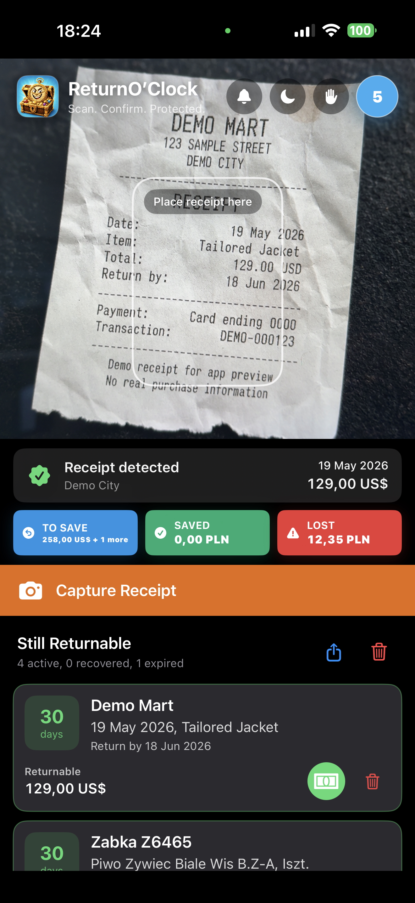 ReturnO'Clock iPhone app screen showing receipt capture, detected receipt details, and active return cards.