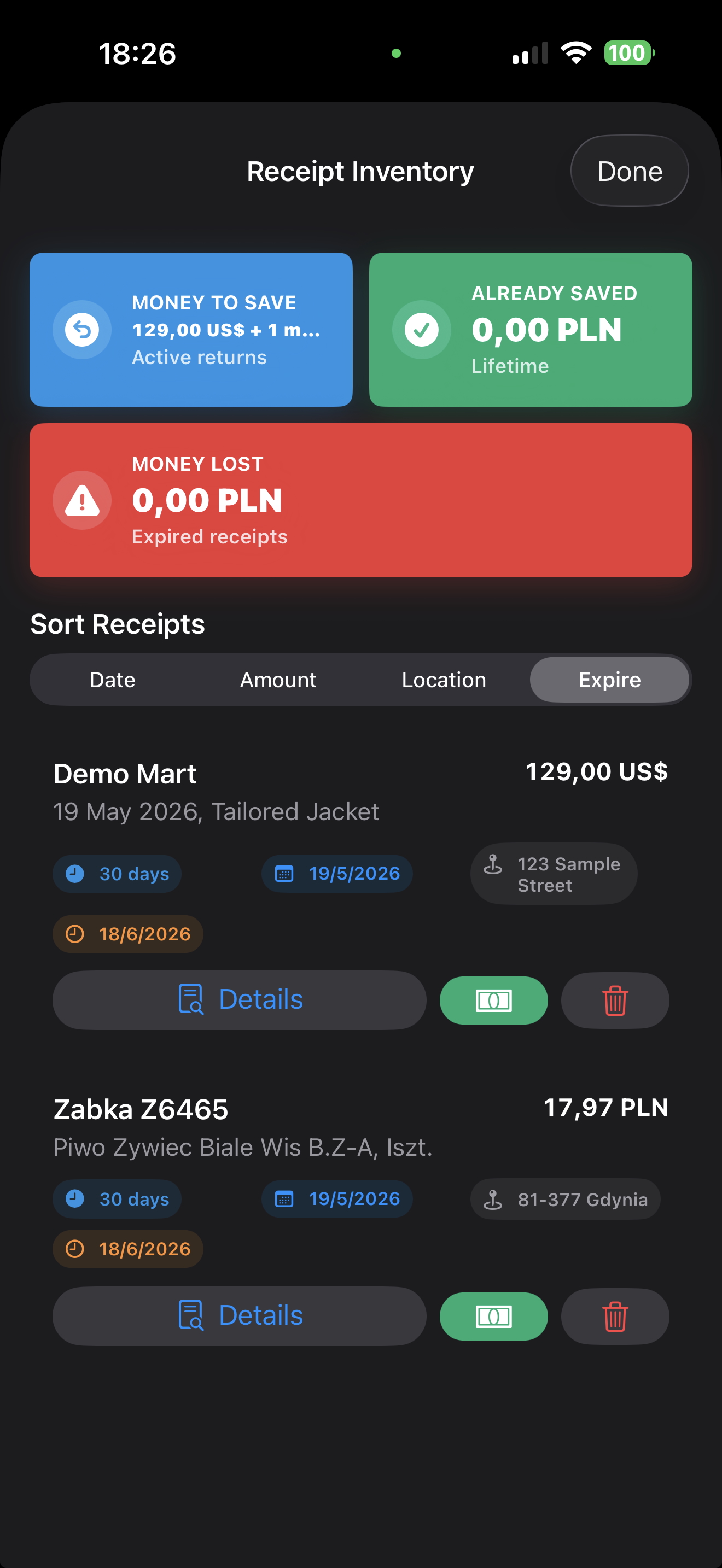 ReturnO'Clock iPhone inventory screen showing saved receipts and return deadlines.