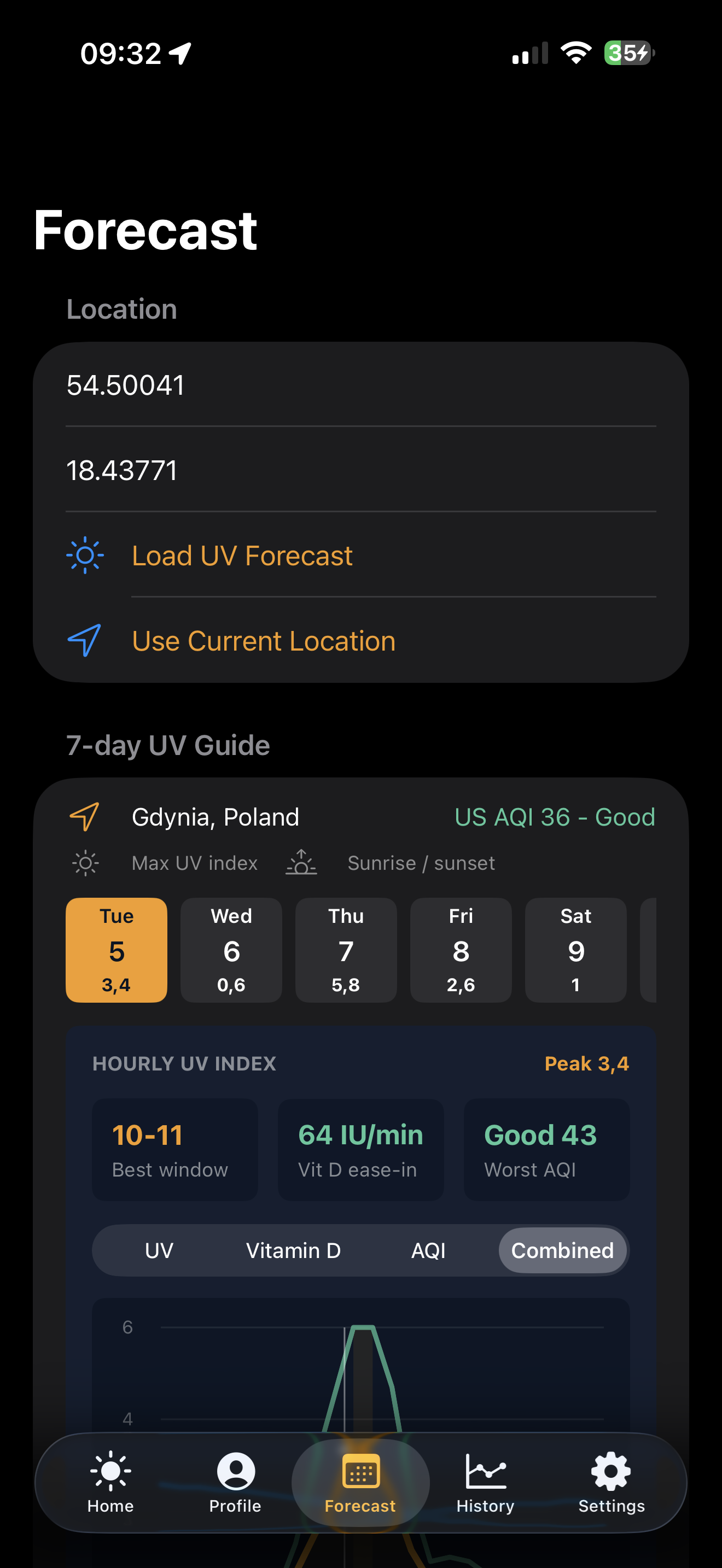 SunVitD iPhone history screen with logged sunlight and vitamin D context.