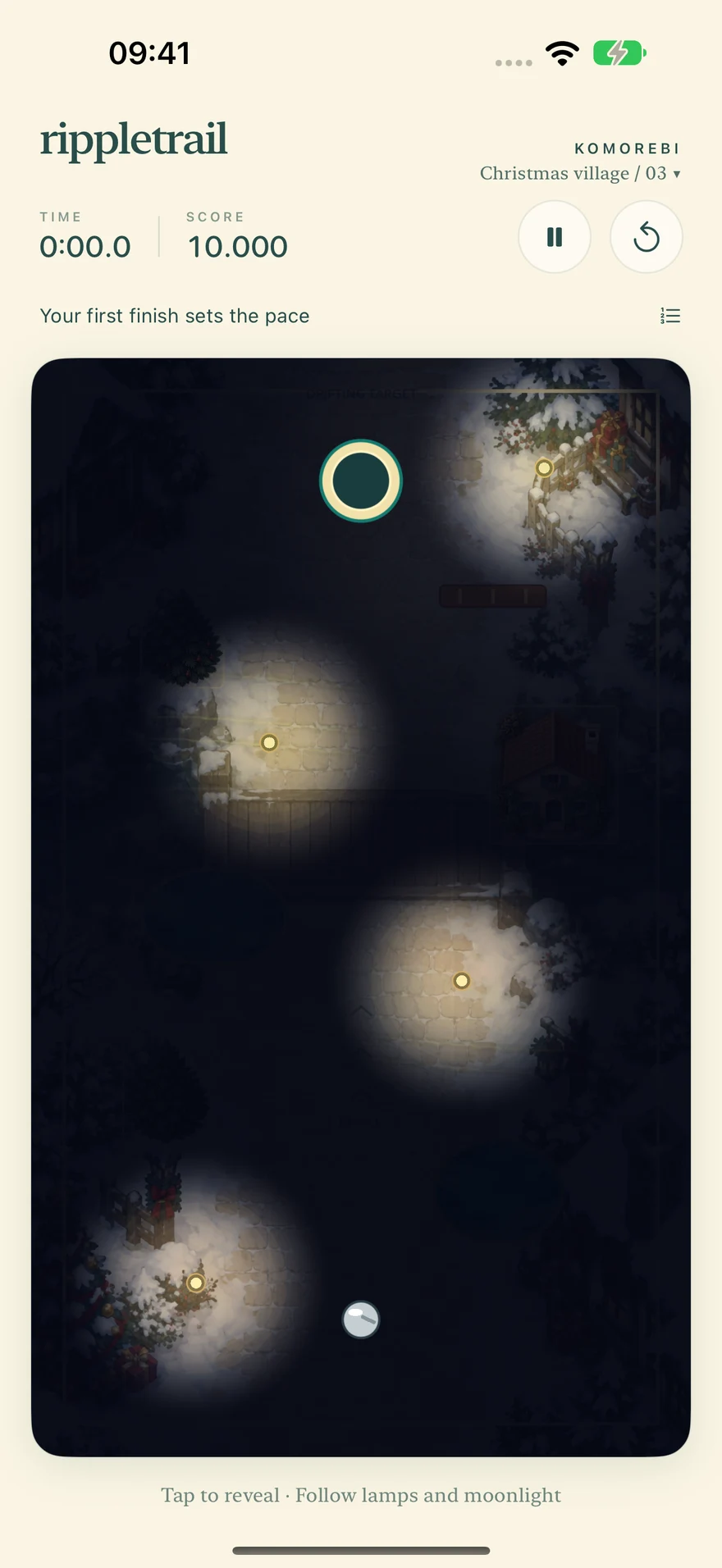 A snowy village level with icy ground, warm lanterns and the game's timer.