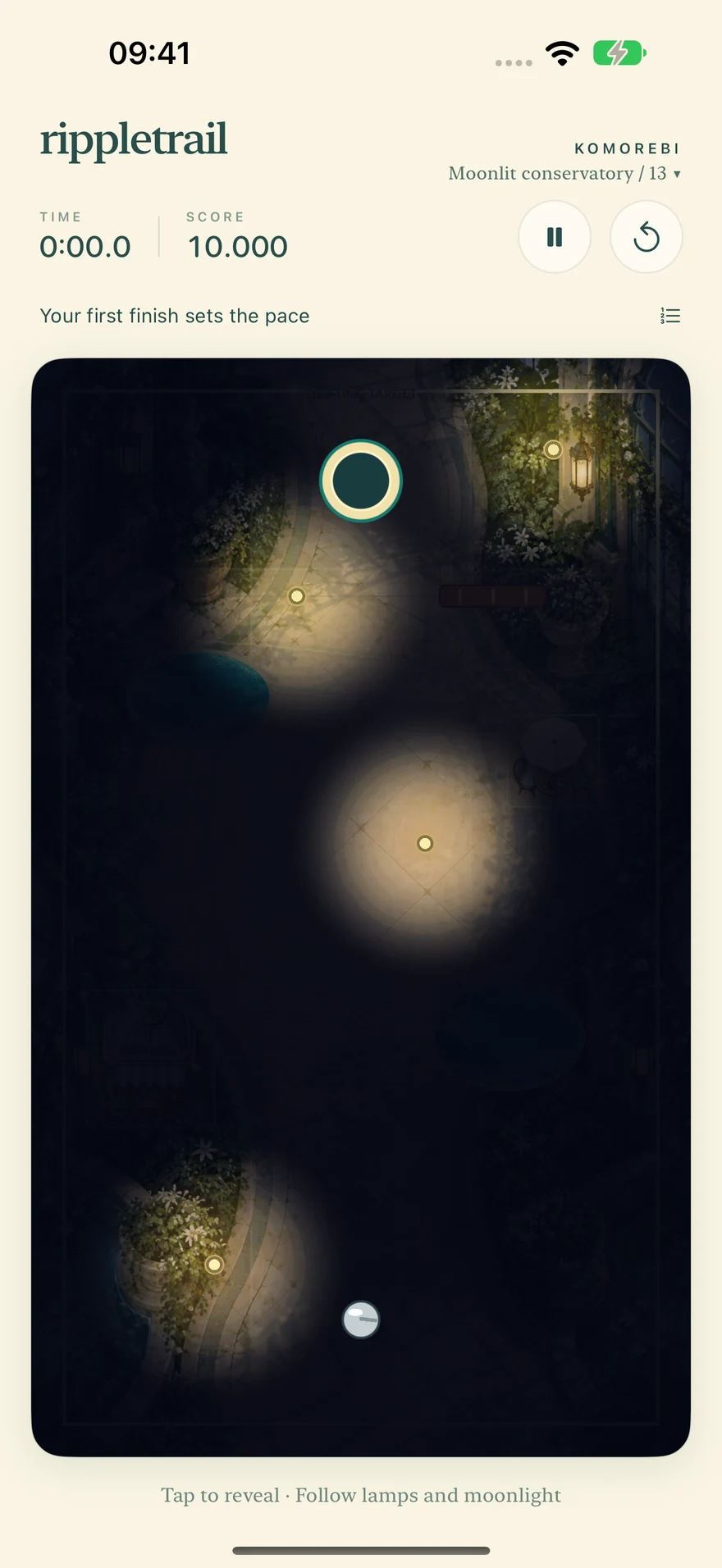 Garden beds and paths in the moonlit conservatory level.