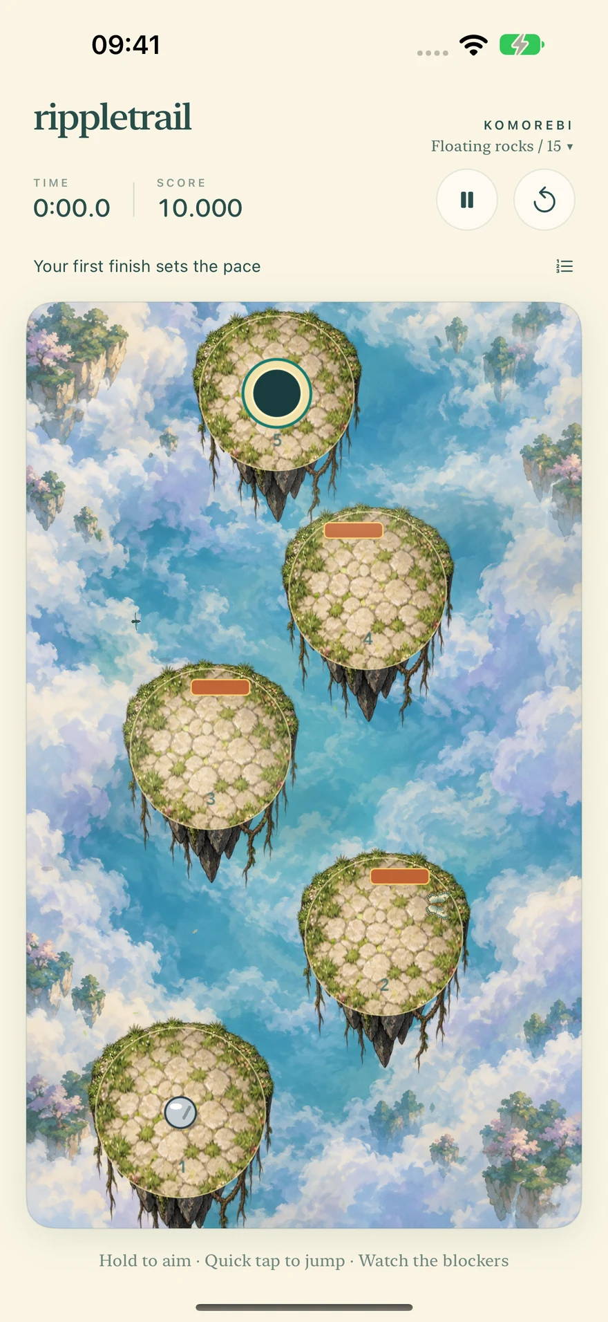 Floating rock platforms with gaps to cross and a dotted jump guide.